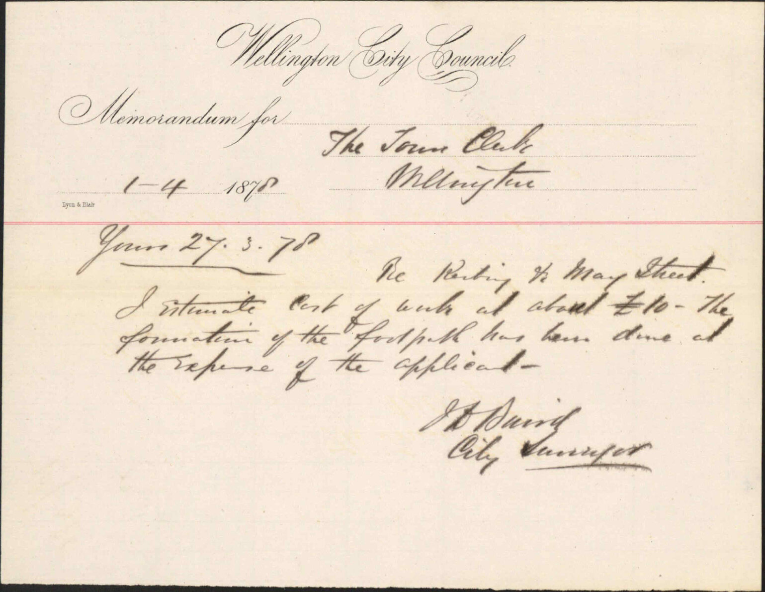 Re memo to Town Clerk re kerbing, May Street - J Baird, City Surveyor