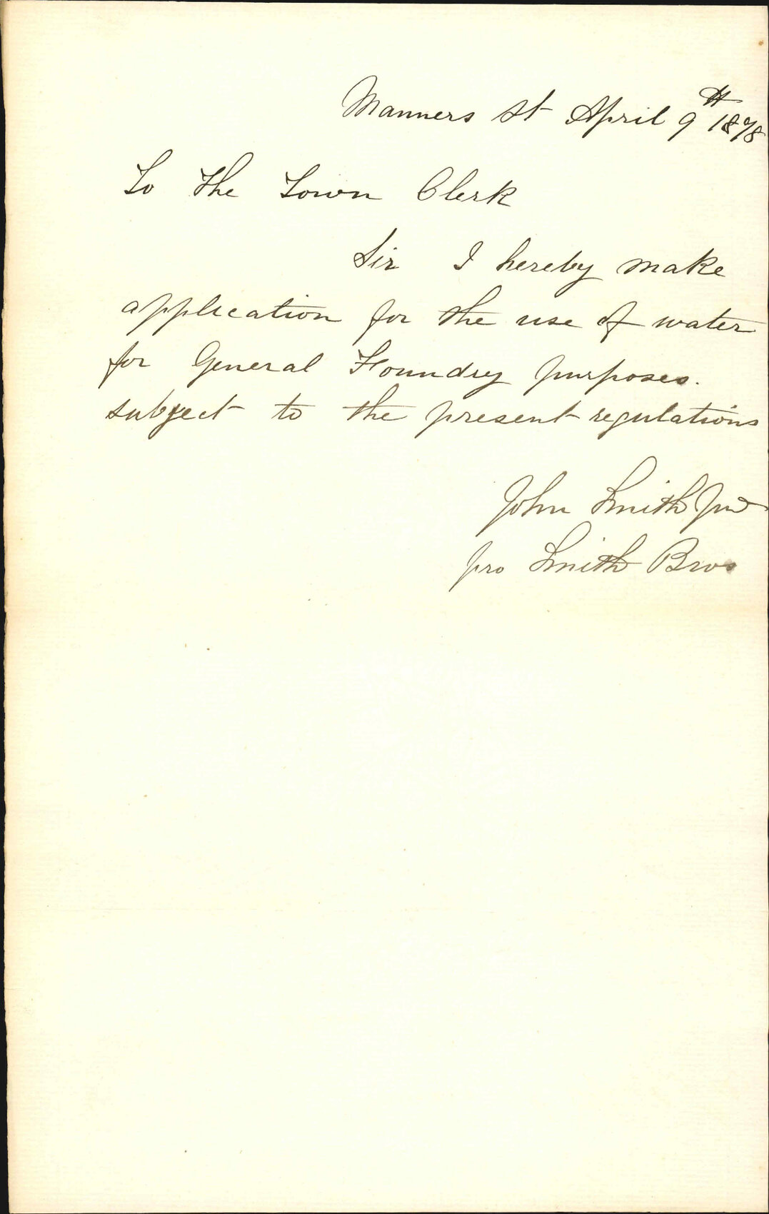 Re application for water supply for general foundry purposes - John Smith pro Smith Bros