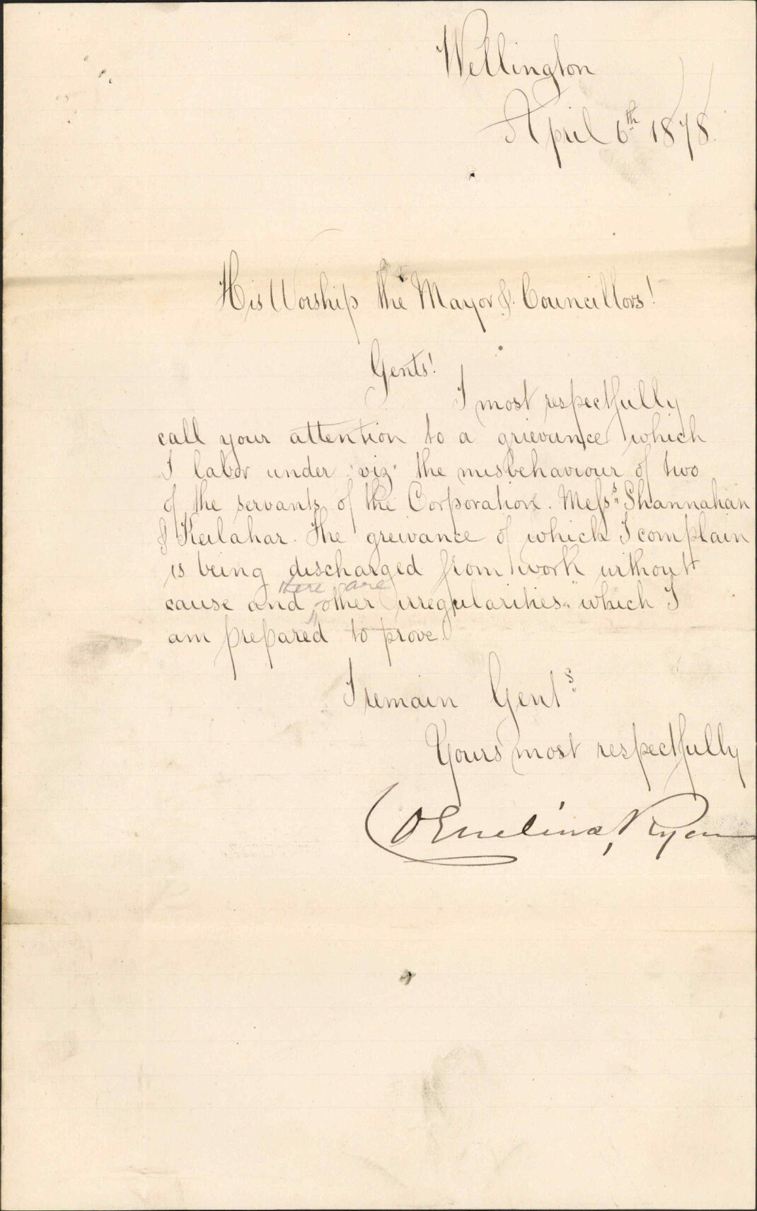 Re grievances against Council - being discharged from work etc - C Ryan