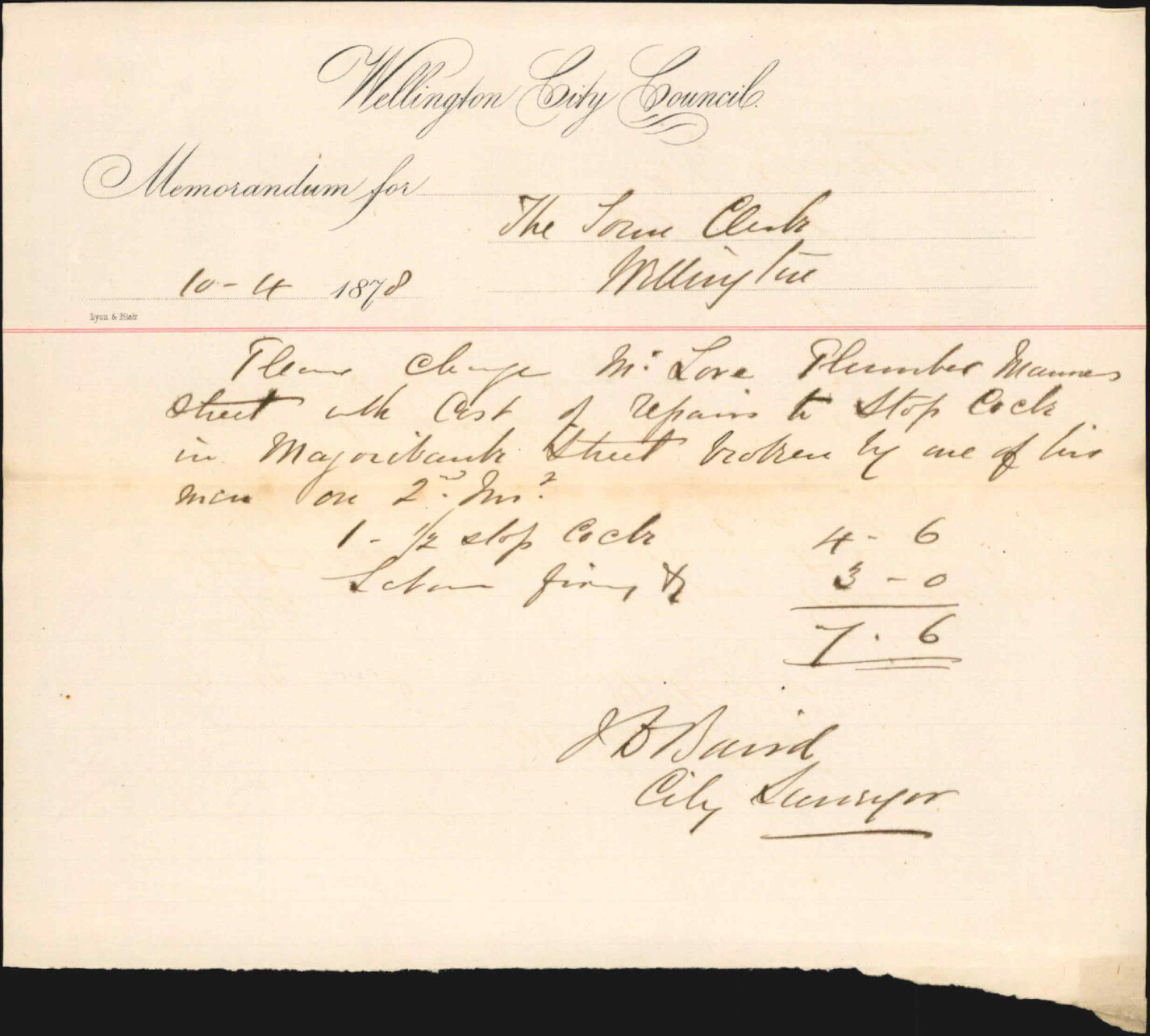 Memo to Town Clerk re repairs to stop cock, Majoribanks Street - City Surveyor