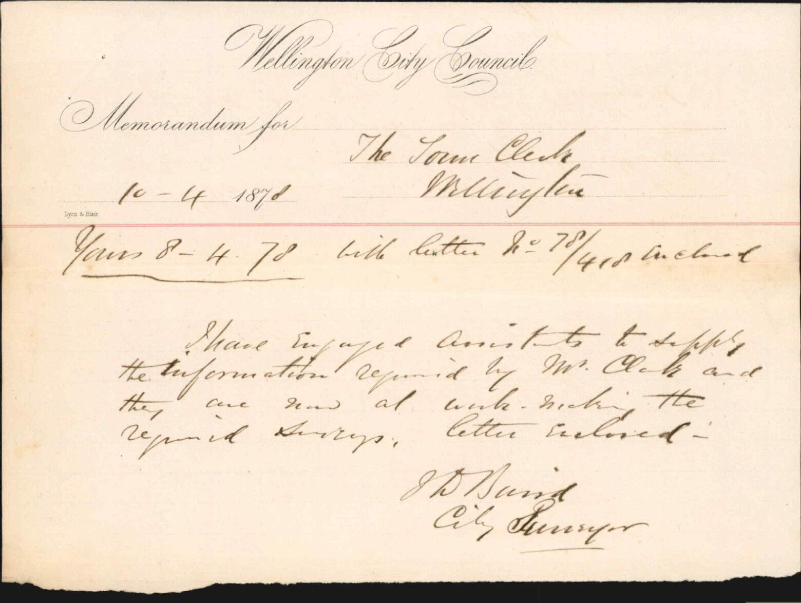 Memo to Town Clerk re letter 1878/418 (Mr Clark, drainage map of part of city) - City Surveyor