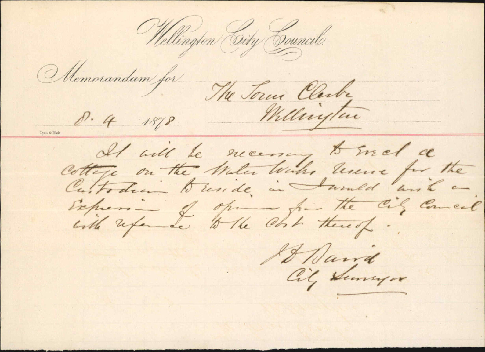 Re Memo to Town Clerk re erecting cottage at waterworks reserve - City Surveyor