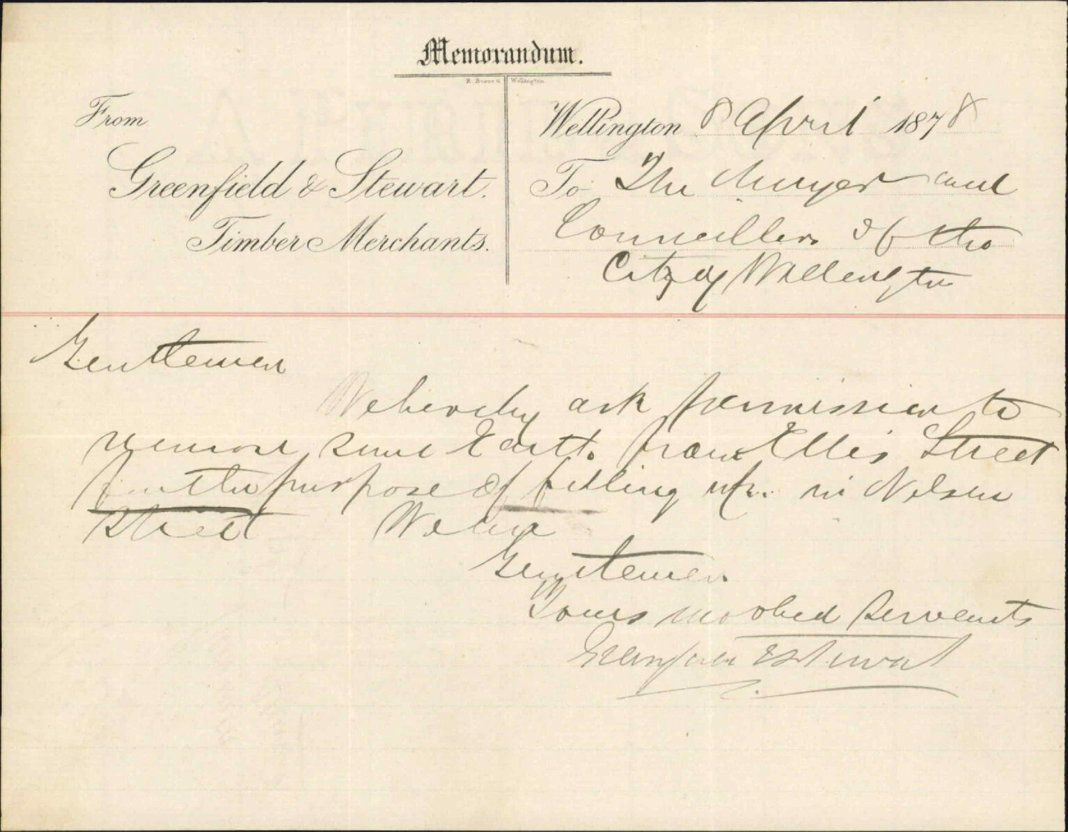 Re asking permission to move earth from Ellis Street for filling up Nelson Street [Hania Street] - Greenfield and Stewart