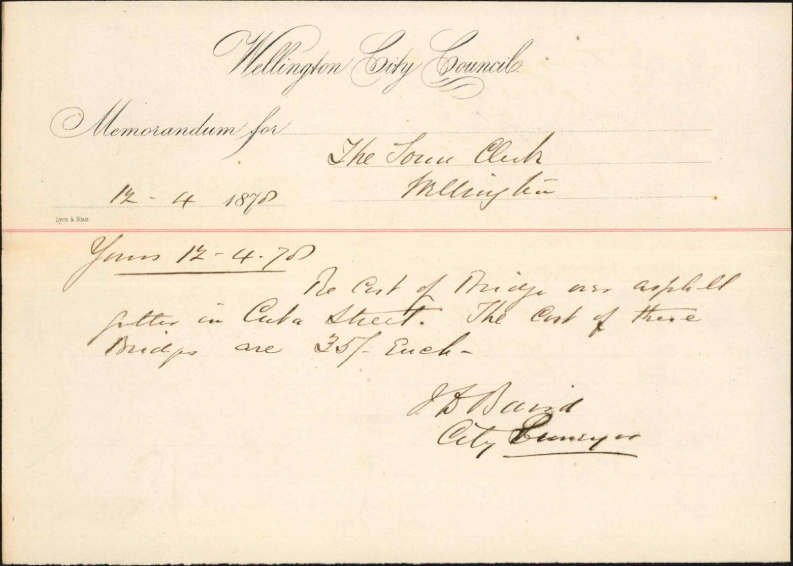 Re memo to Town Clerk re cost bridge over asphalte, Cuba Street - J Baird, City Surveyor