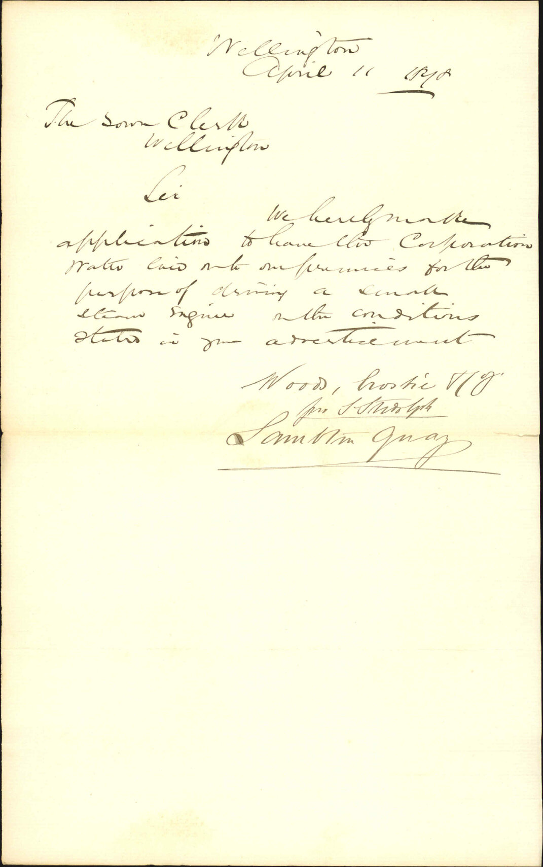 Re application for water service to run a steam engine - Woods, Curtis and Co