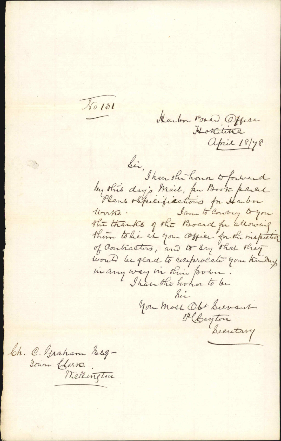 Re forwarding plans and specifications for harbour works - Wellington Harbour Board [WHB] Secretary, Mr Clayton