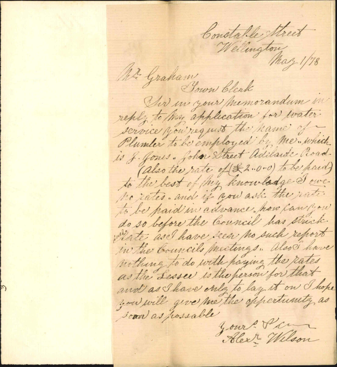 Re application for water services - Alexander Wilson