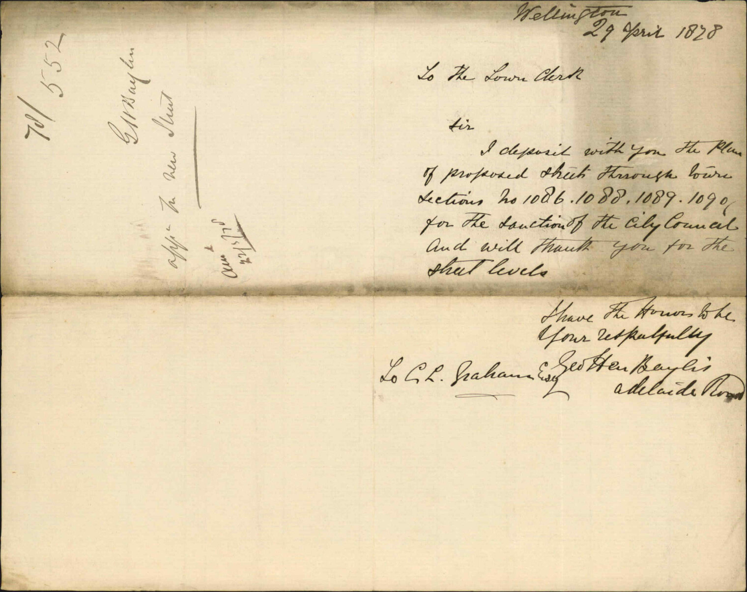 Depositing plan of proposed street, through Town Acres 1086, 1088, 1089 and 1090 - George H Baylis