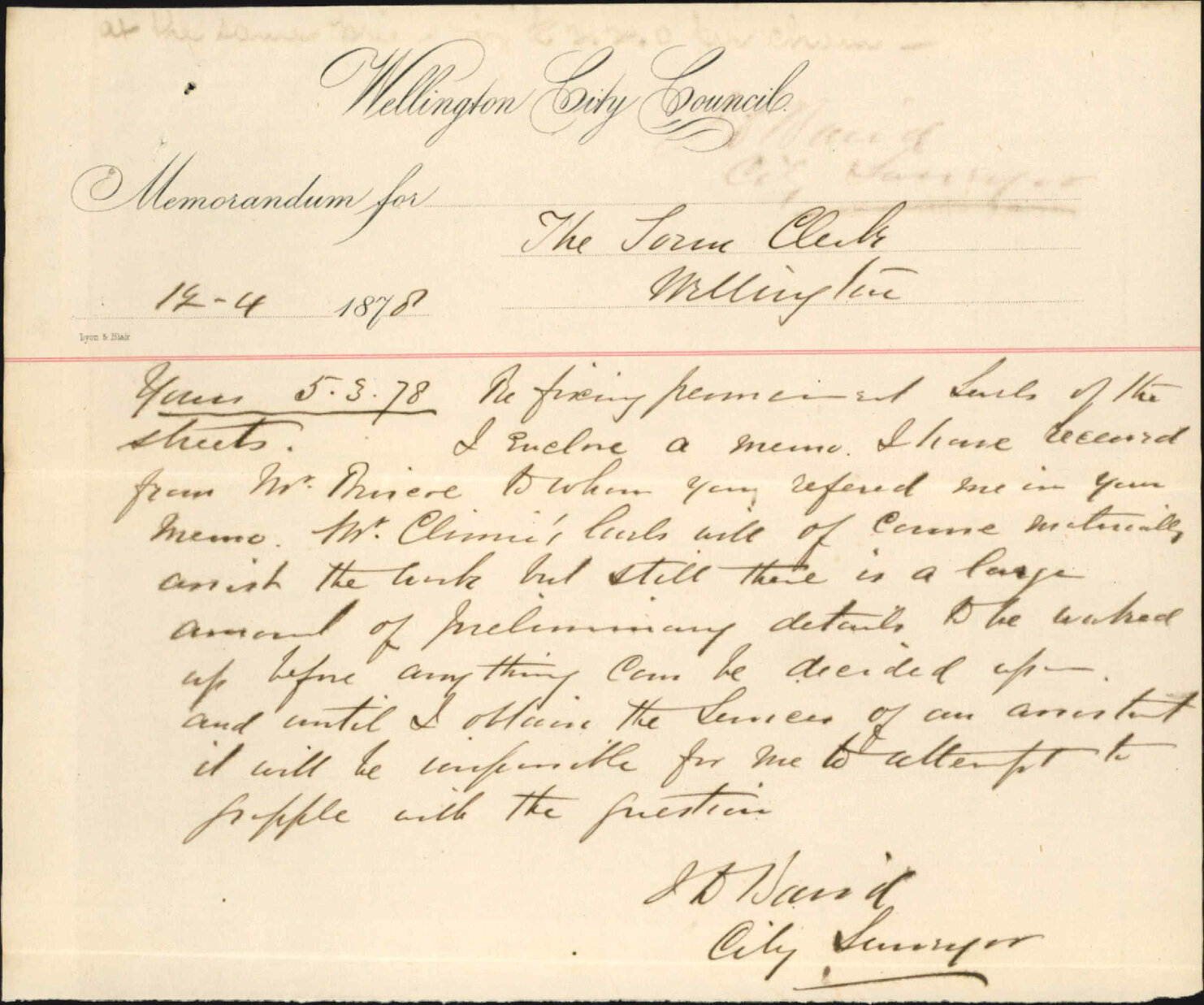 Re memo to Town Clerk re fixing permanent levels of the streets from City Surveryor J Baird, and attached letter from Edward Briscoe dated 6/3/1878 - City Surveyor