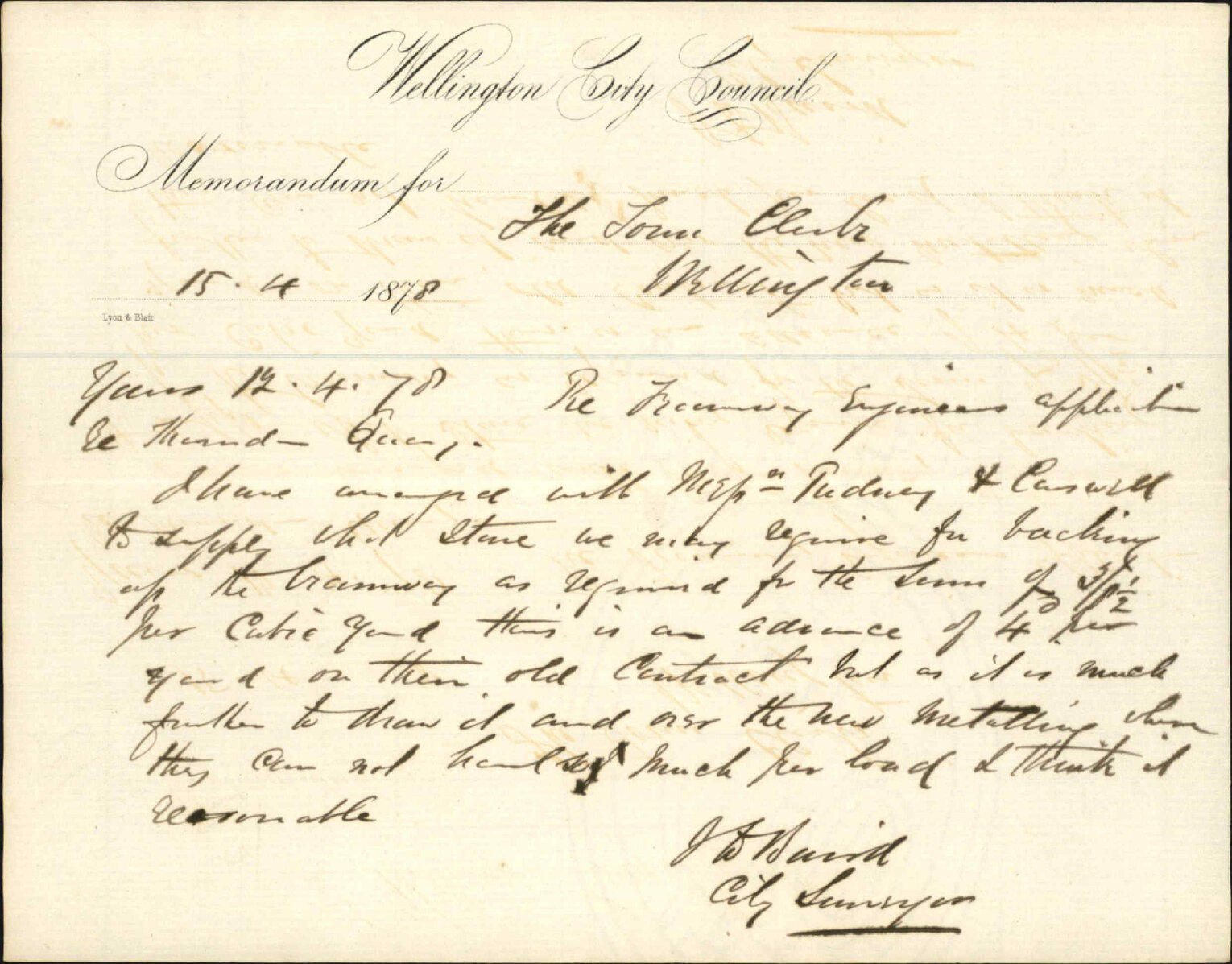 Re memo to Town Clerk re tramways application re Thorndon Quay - J Baird, City Surveyor