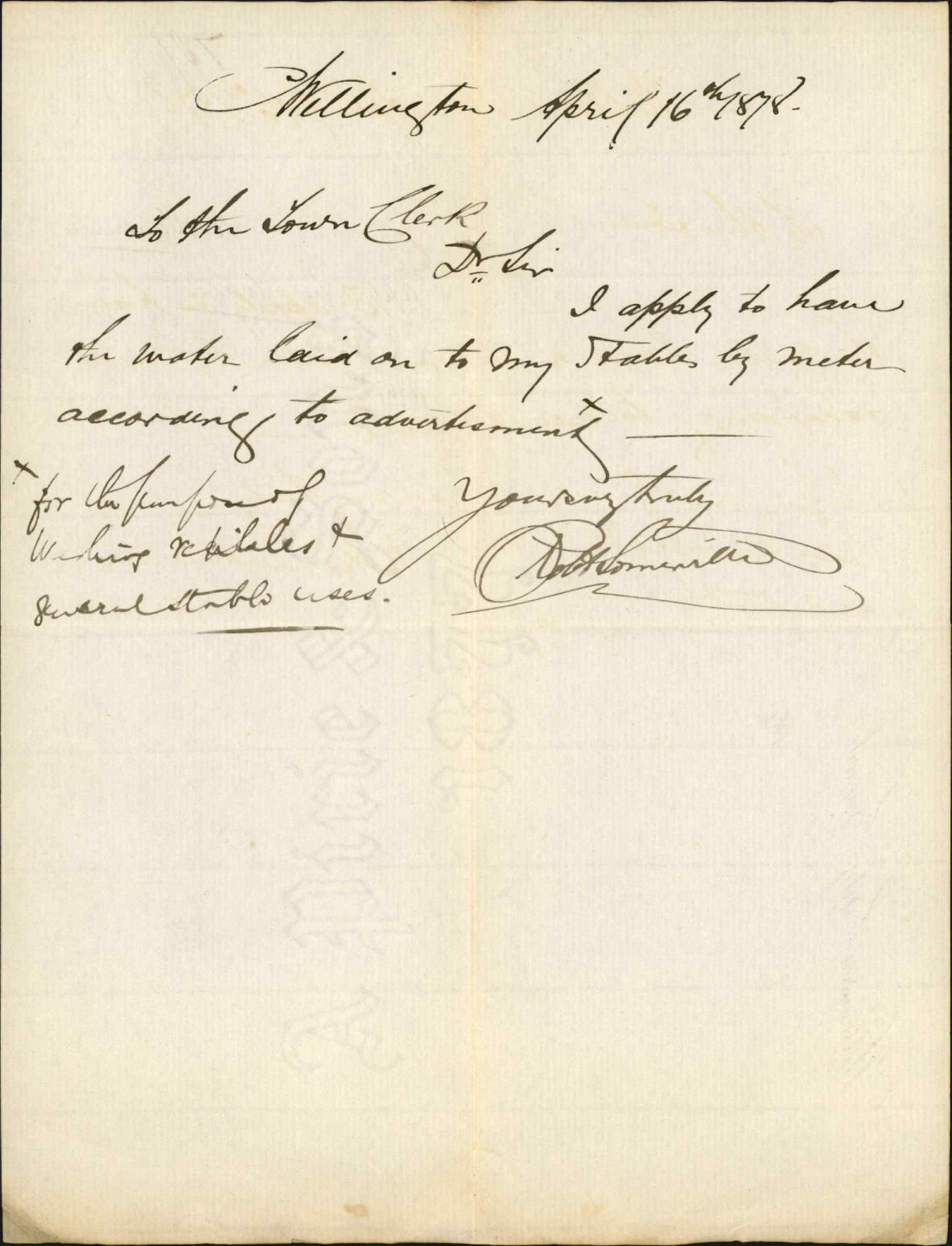 Application to have water laid to stables by meter - N H Sumerville