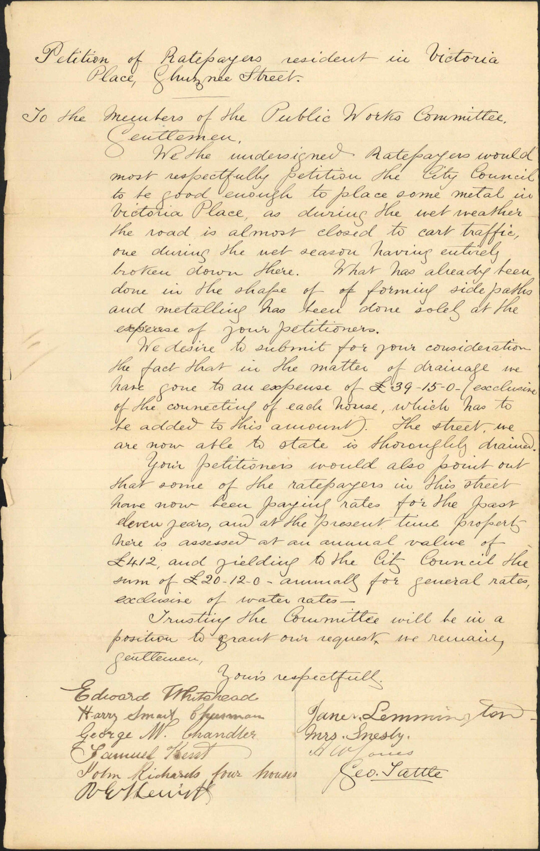 Re petition re metalling Victoria Place - ratepayers in Victoria Place, Ghuznee Street