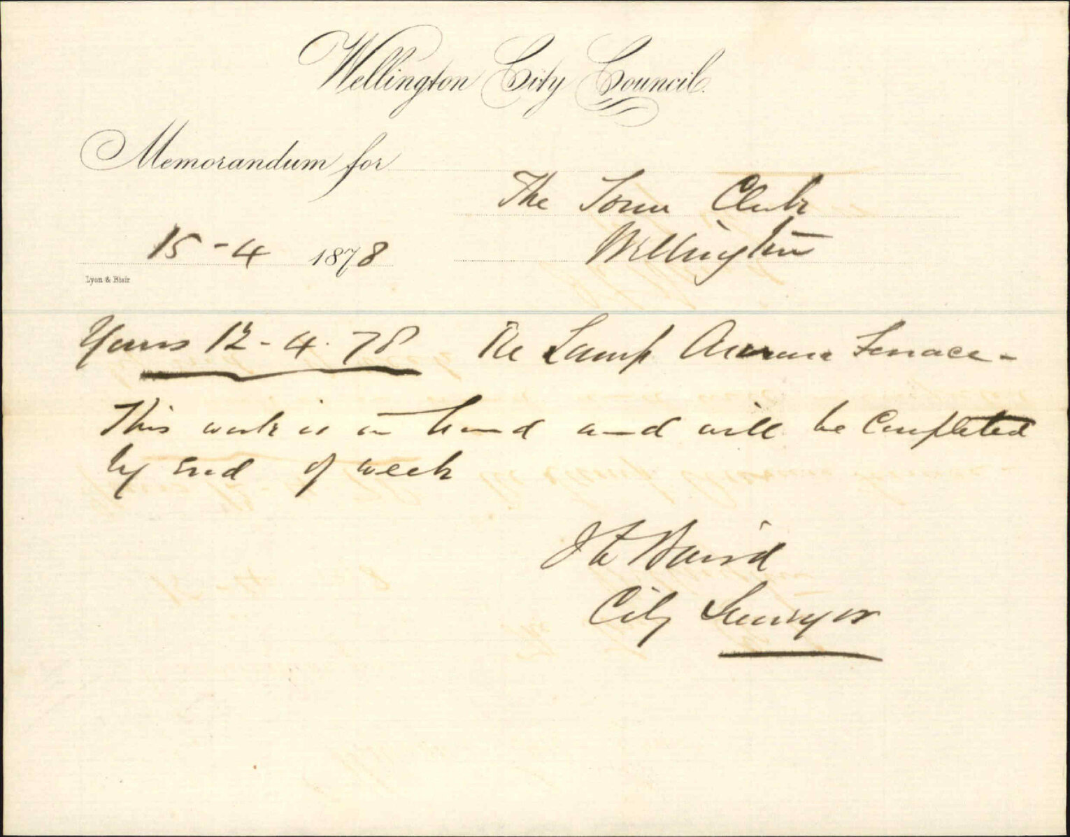 Re memo to Town Clerk re lamp, Aurora Terrace - J Baird, City Surveyor