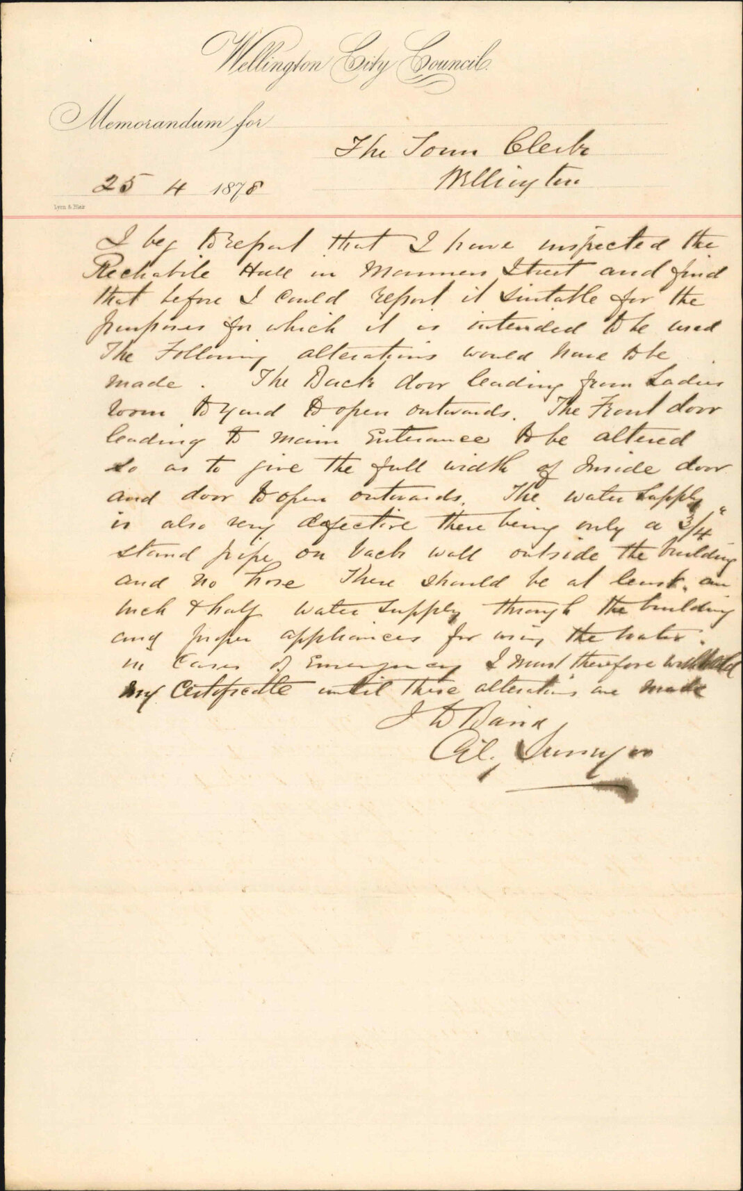 Memo to Town Clerk re inspection of Rechabite Hall - City Surveyor