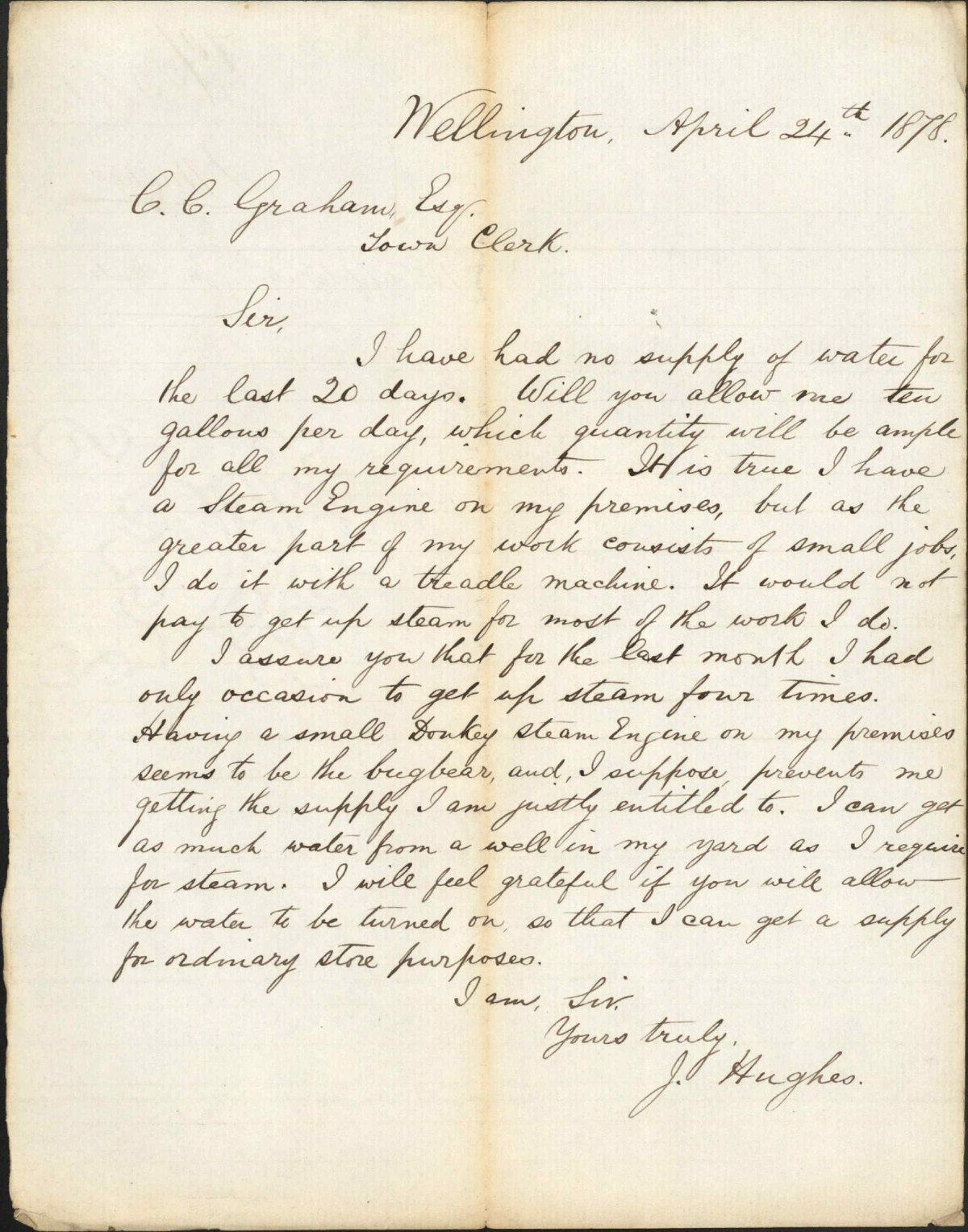 Re application for water for store purposes - J Hughes