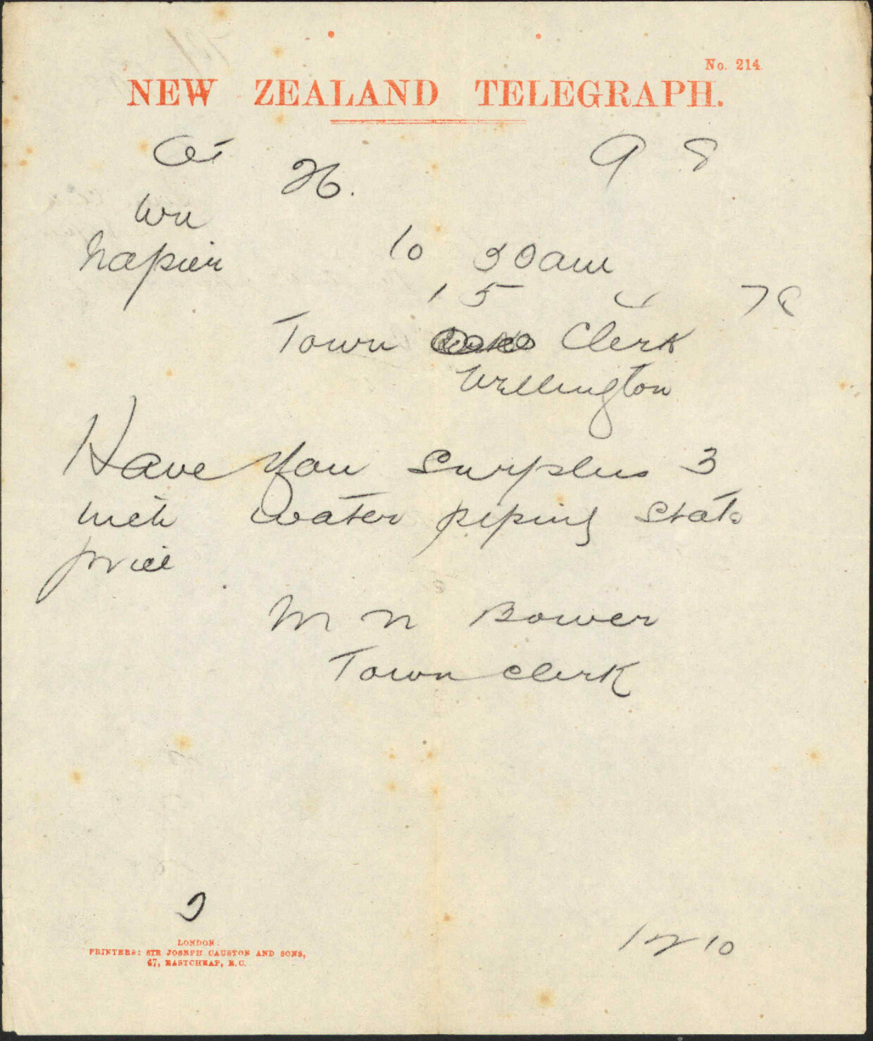 Re supply of water pipes - Town Clerk, Napier