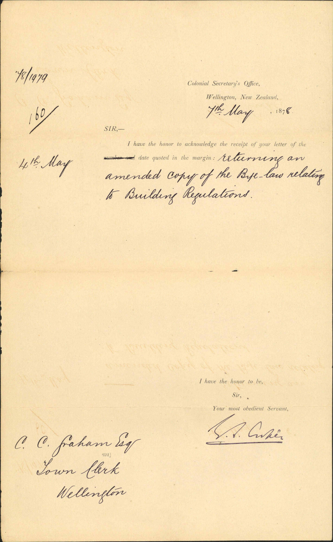 Acknowledging letter of 4th May returning amended copy of building regulations - Colonial Secretary's Office