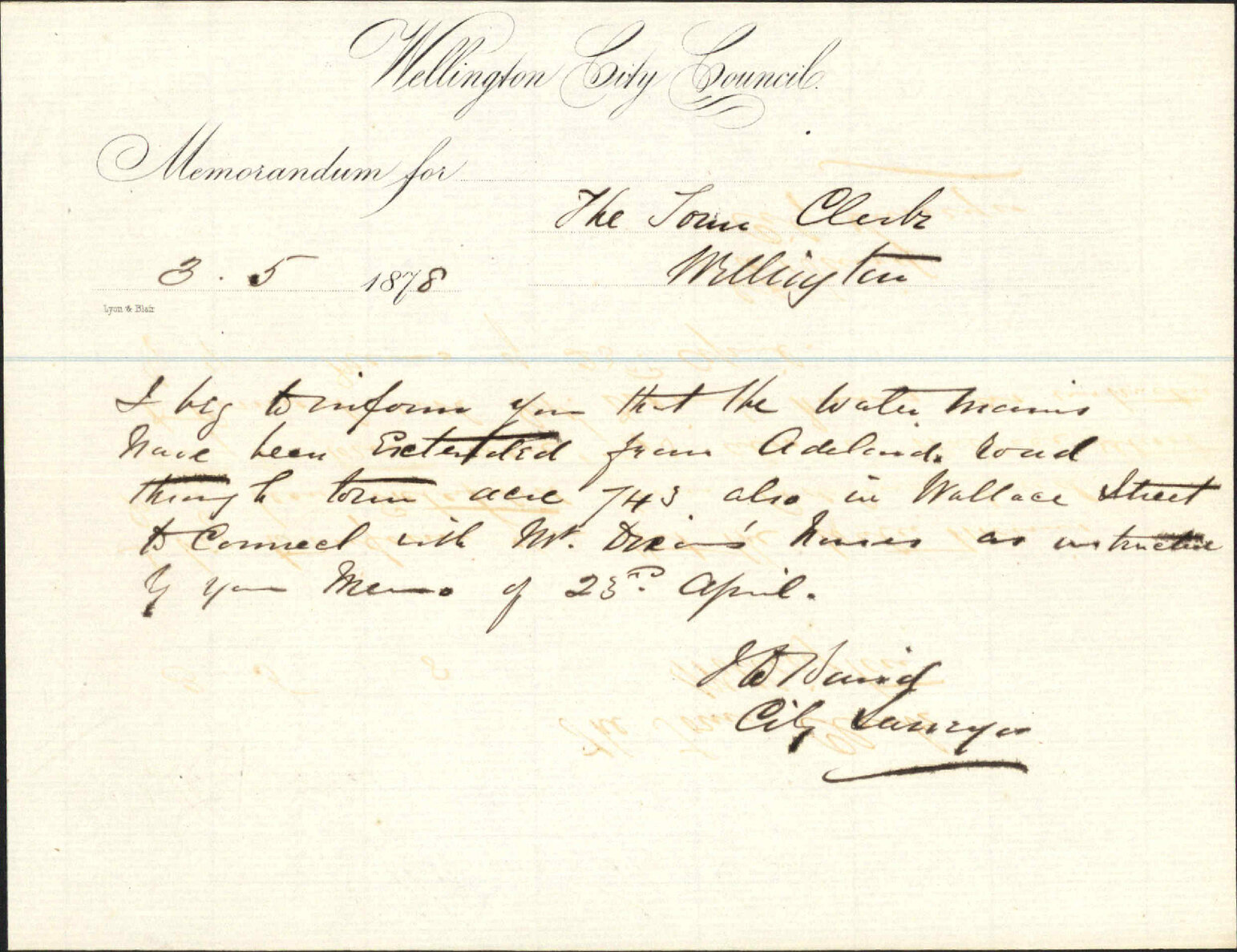 Re memo to Town Clerk re extension of water mains from Adelaide Road to Wallace Street - J Baird, City Surveyor