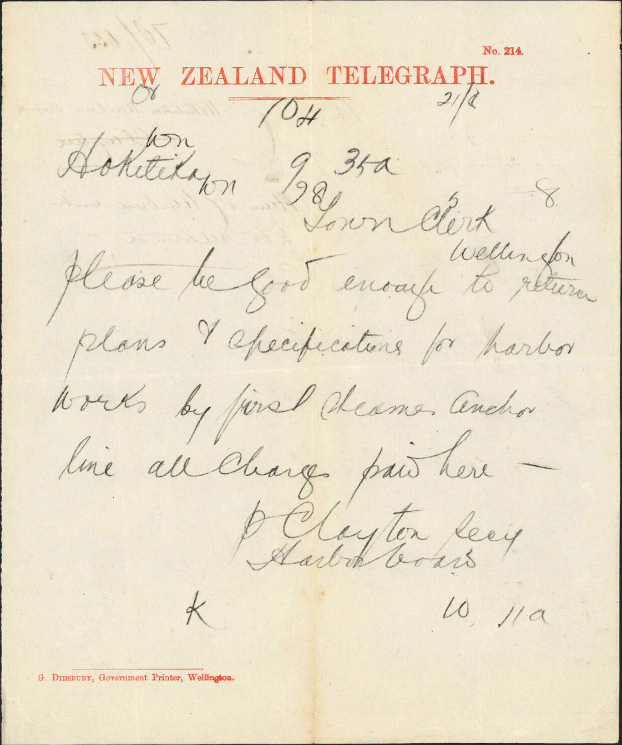 Asking for return of plans and specifications of harbour works - Hokitika Harbour Board