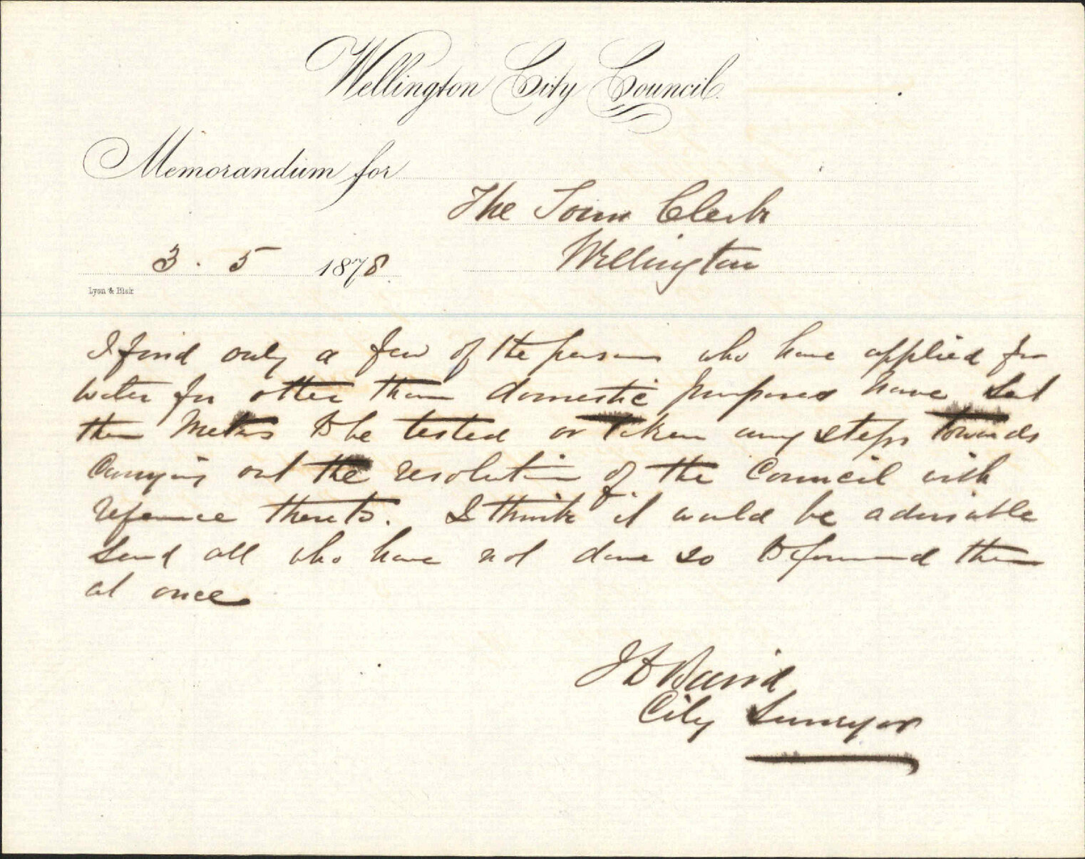 Memo to Town Clerk re non-domestic water users - J Baird, City Surveyor
