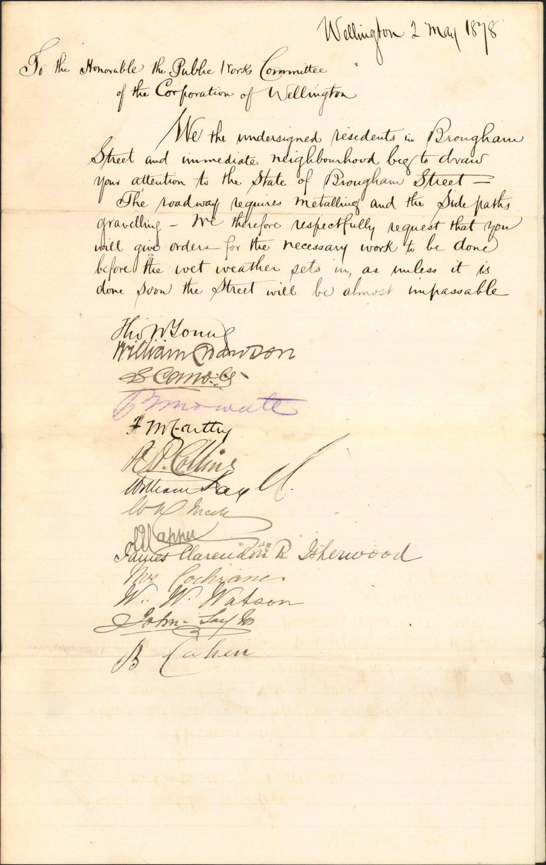 Re petition re metalling and gravelling Brougham Street - residents, Brougham Street