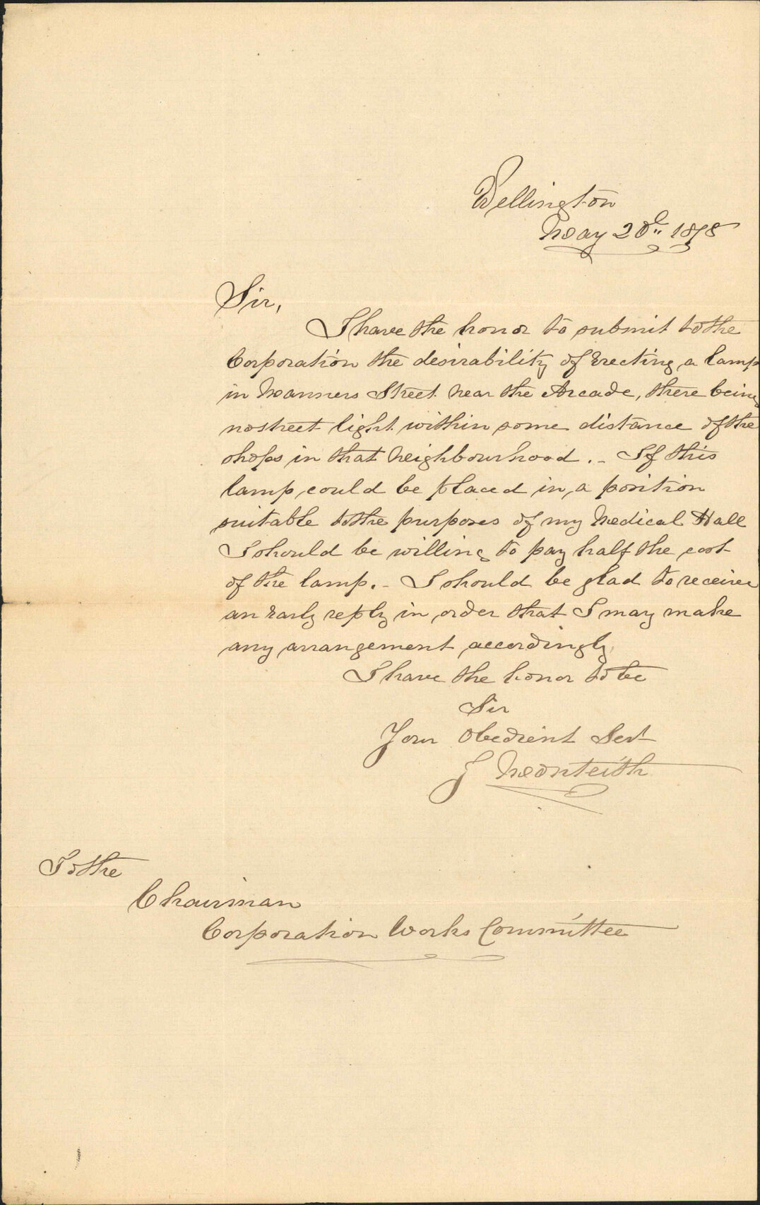 Application re erecting lamp in Manners Street - J Montheith