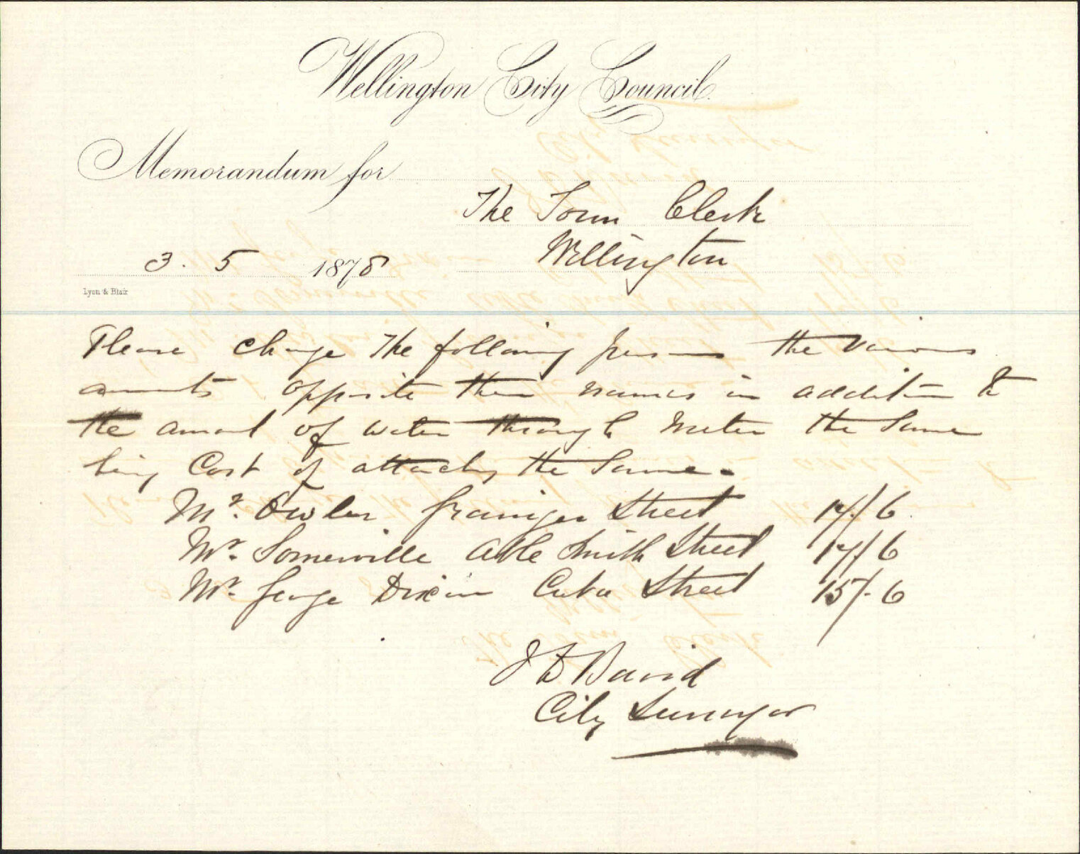 Re memo to Town Clerk re extra charges in water meters - J Baird, City Surveyor