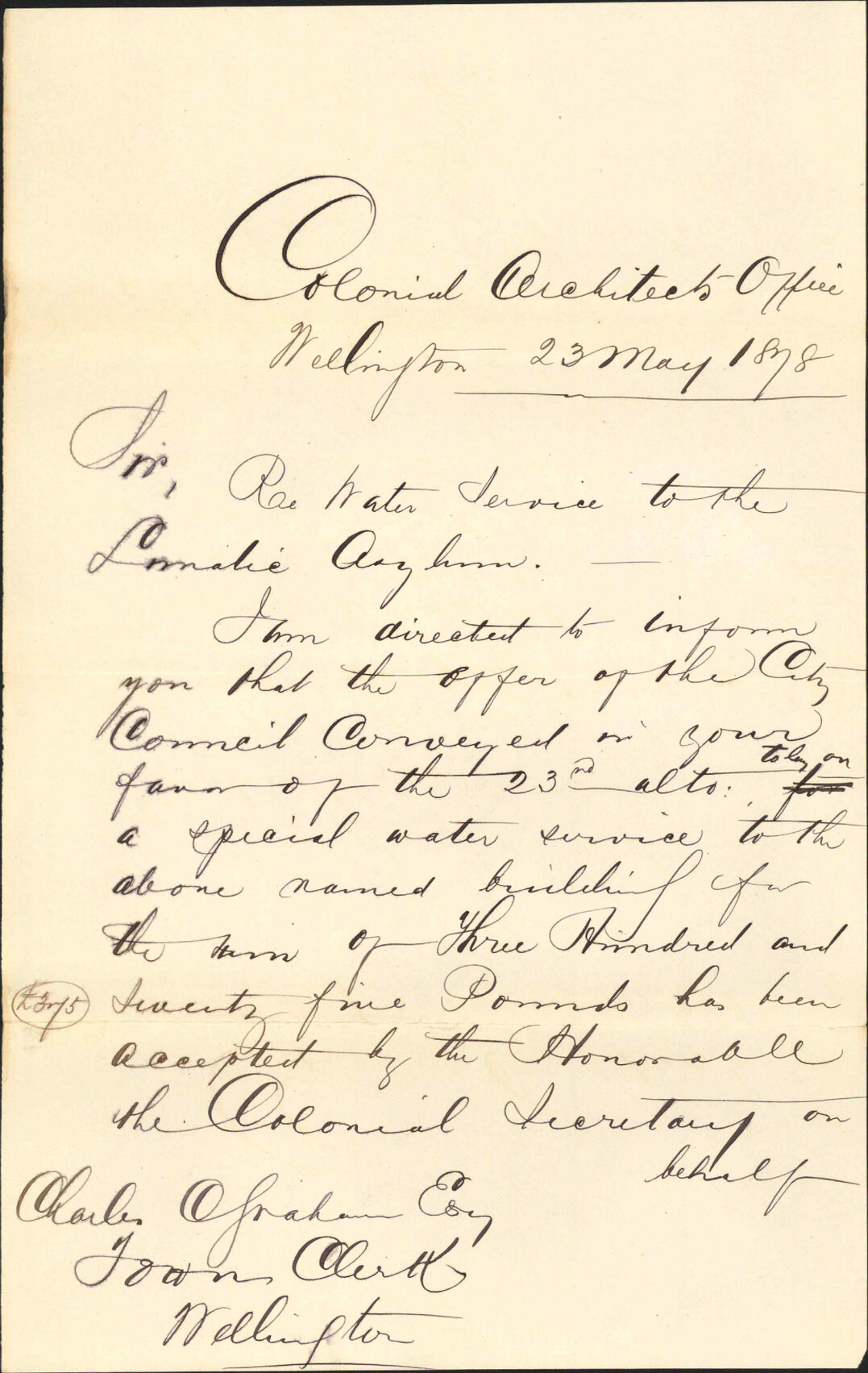 Re water service to the lunatic asylum - Colonial Architect's Office