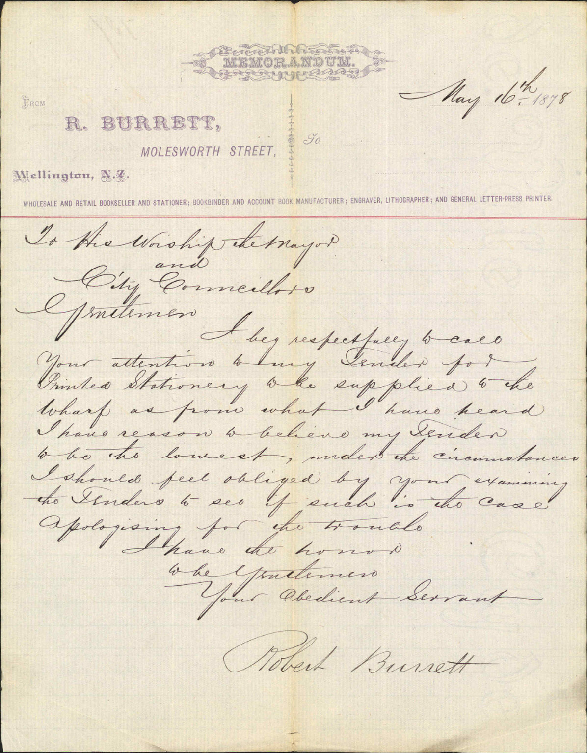 Re tender for printed stationery - Robert Burrett