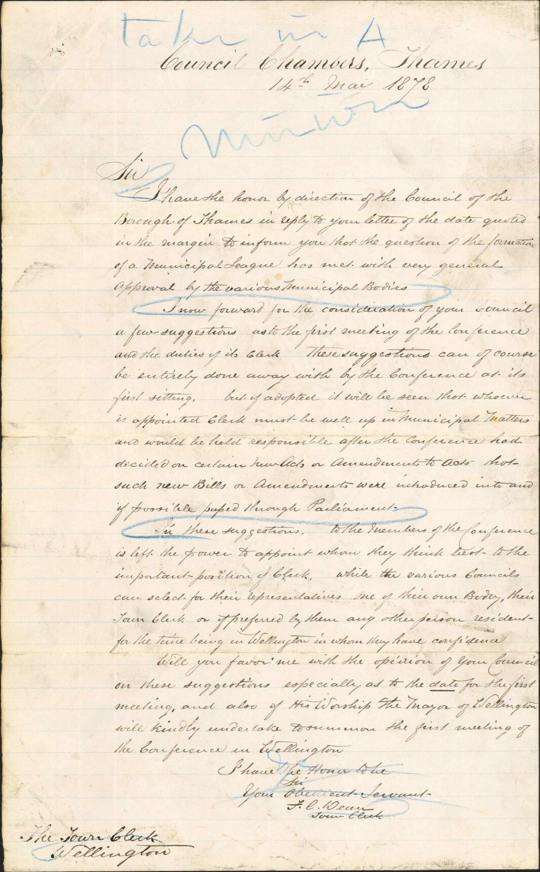 Re formation of a municipal league - Town Clerk, Thames