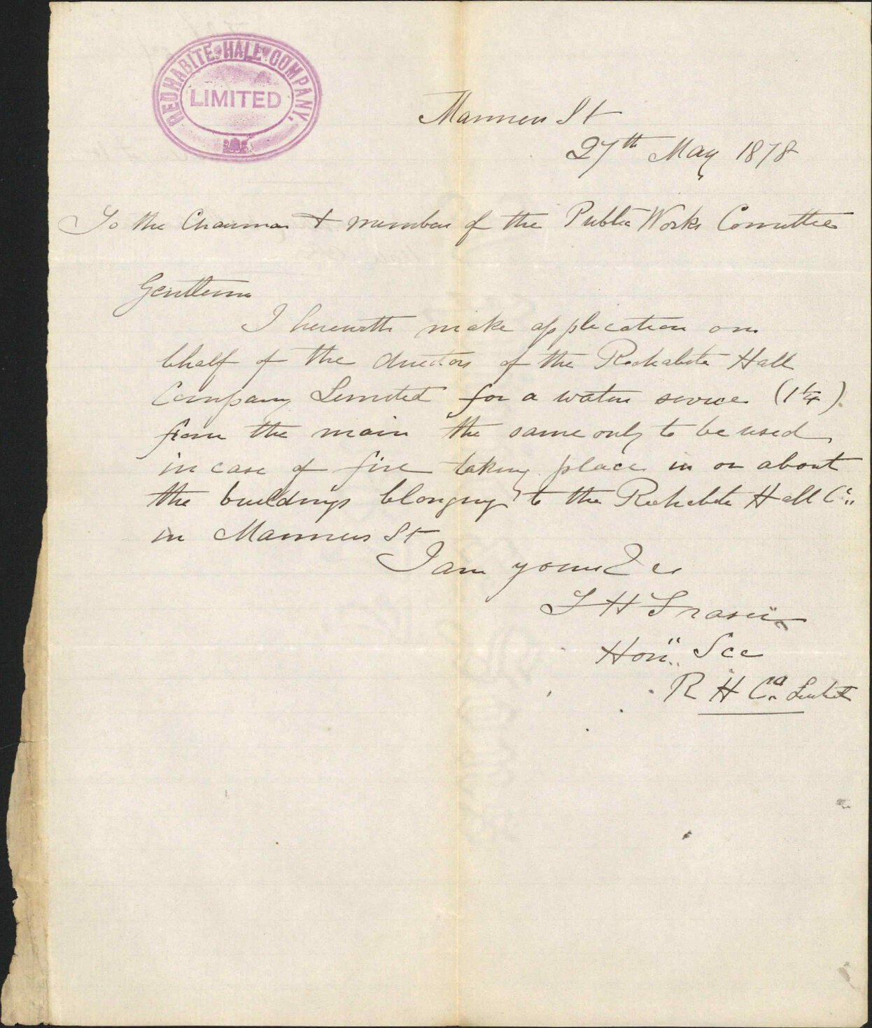 Re application for water service for destructors - F. H. Fraseir, Rechabite Hall Co