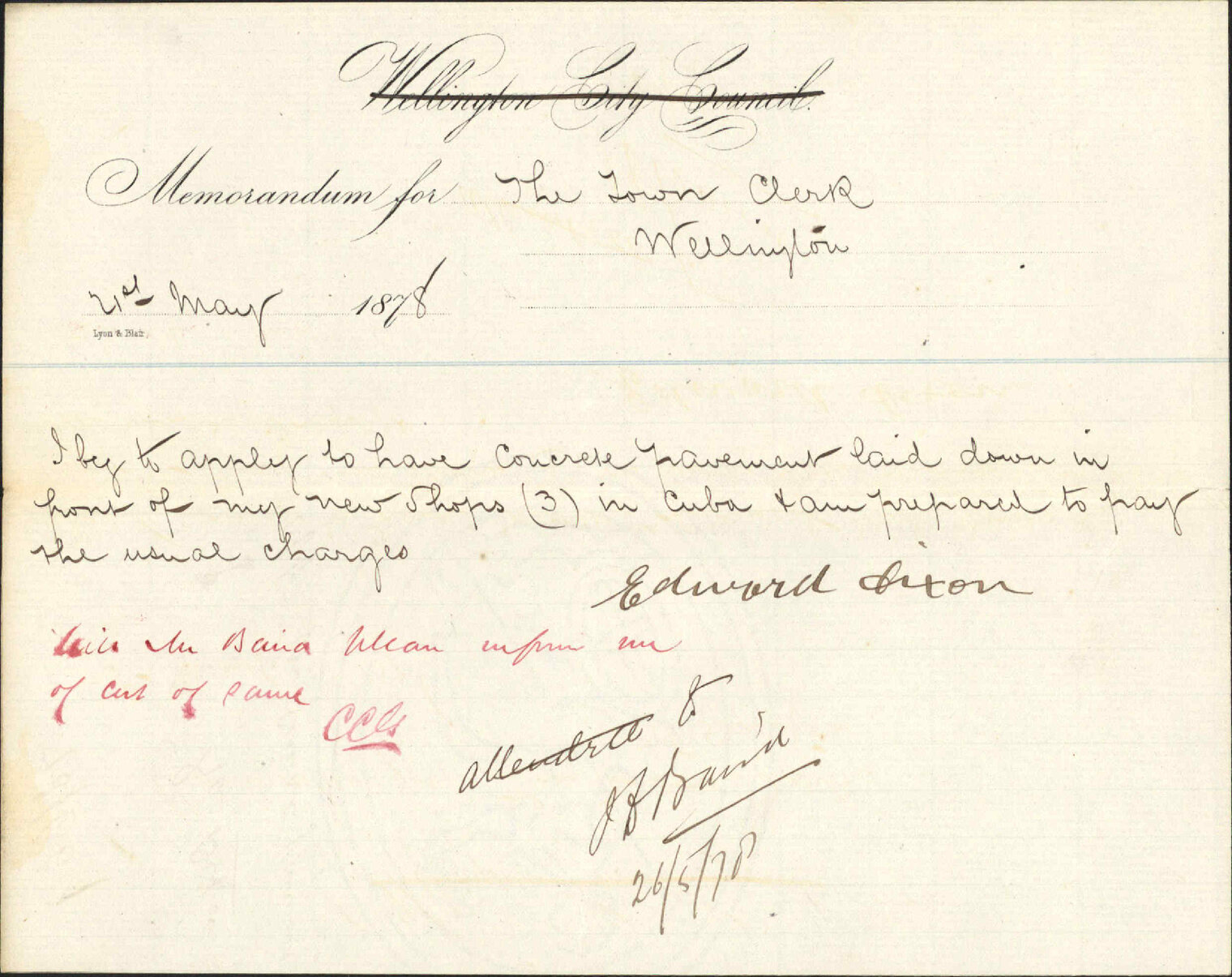 Re application for concrete pavement in front of shops, Cuba Street - Edward Dixon