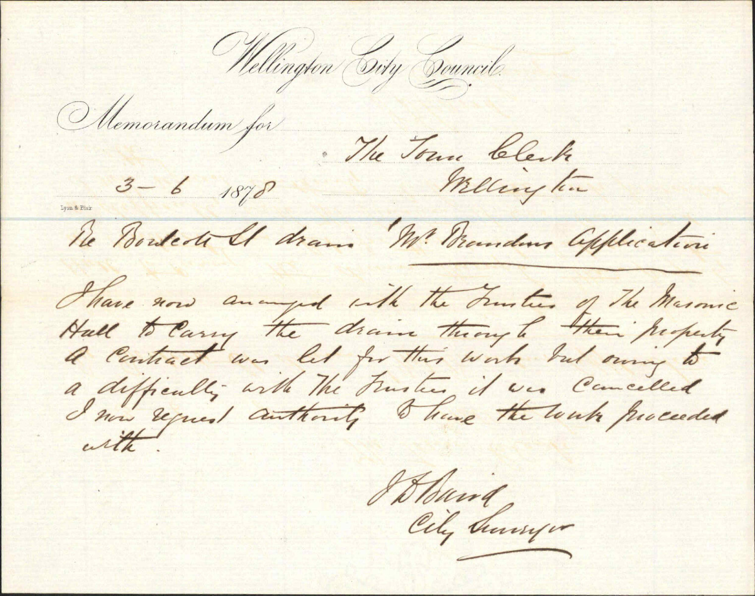 Re memo to Town Clerk re Boulcott Street drain, Mr Brandon's application - City Surveyor