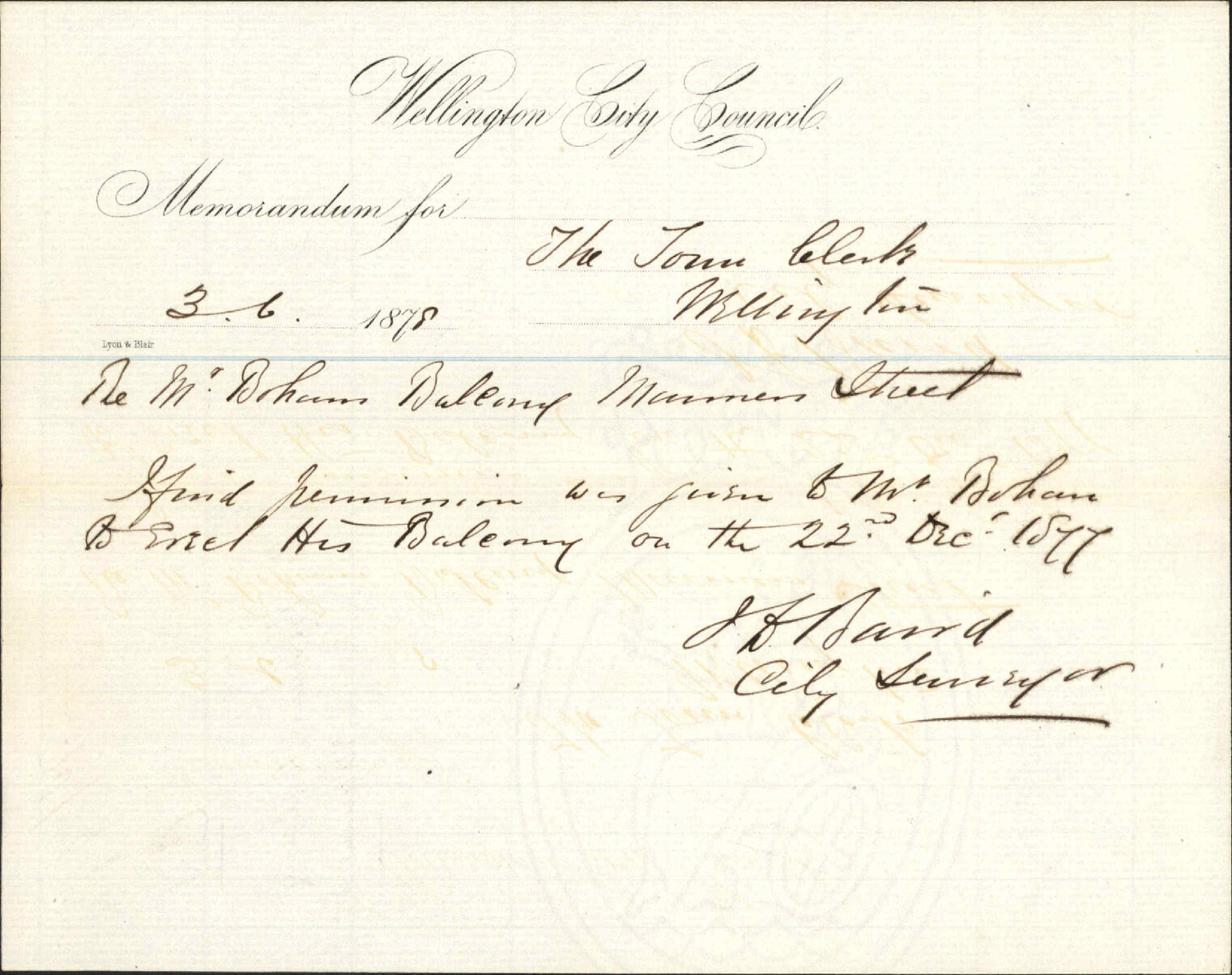 Memo to Town Clerk re Mr Boham's balcony, Manners Street - City Surveyor