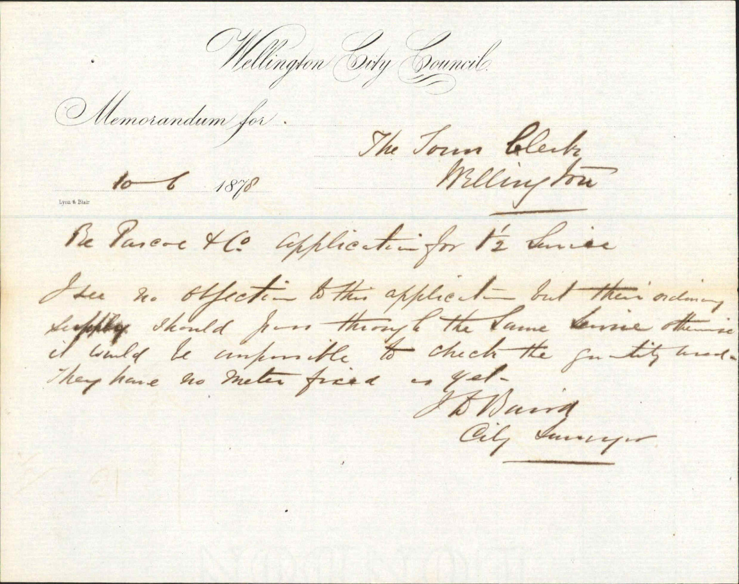 Re memo to Town Clerk re Pascoe and Co's application for 1.5 inch water service
