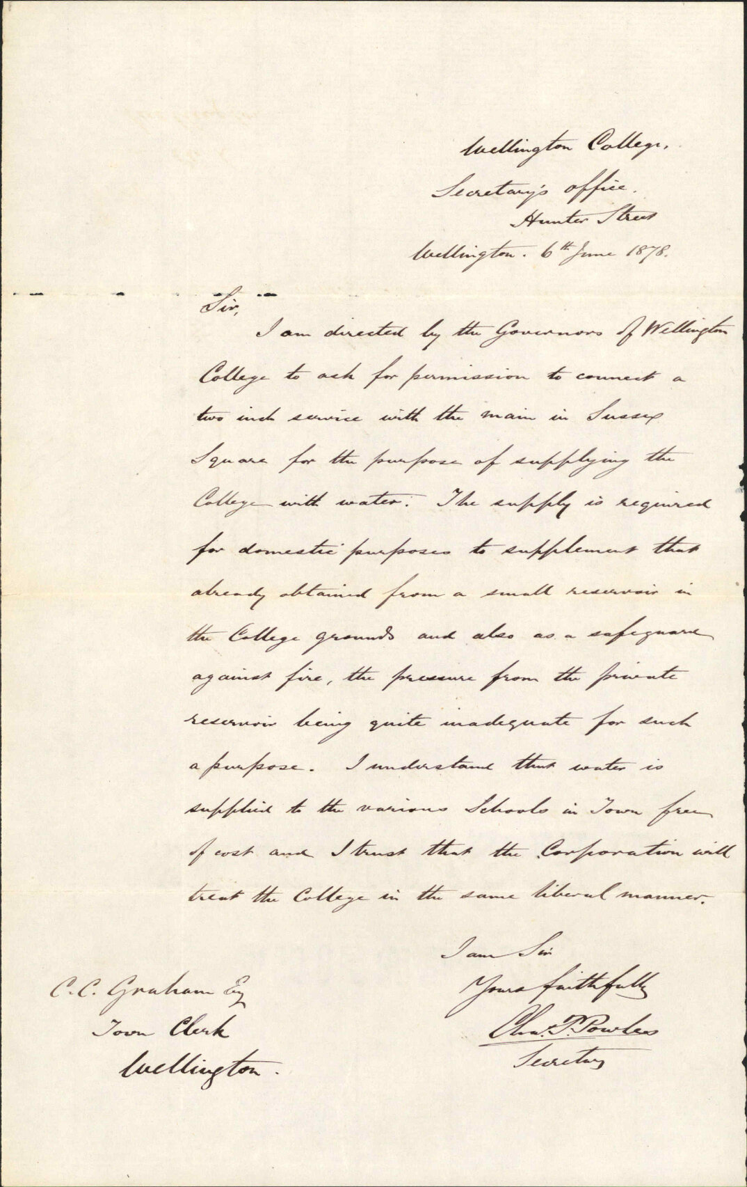 Re application for water service - Wellington College