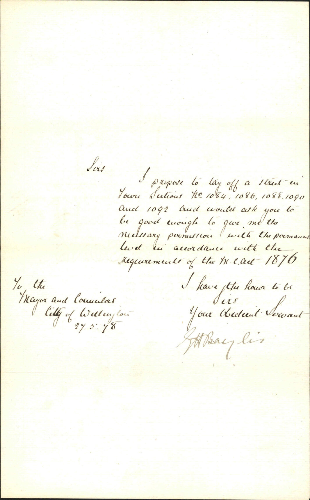 Re asking permission to lay off street in Town Sections 1084, 1086, 1088, 1090 and 1092 - George H Baylis