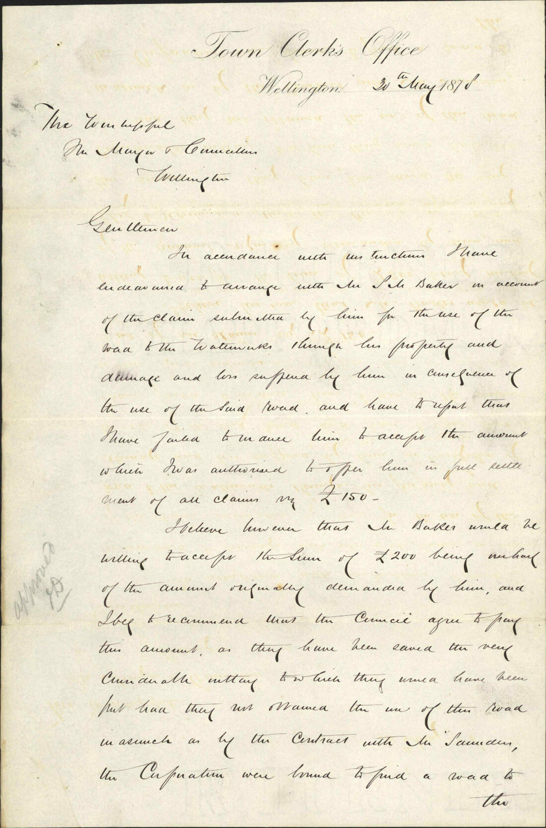 Re report as to Baker's claim - Town Clerk