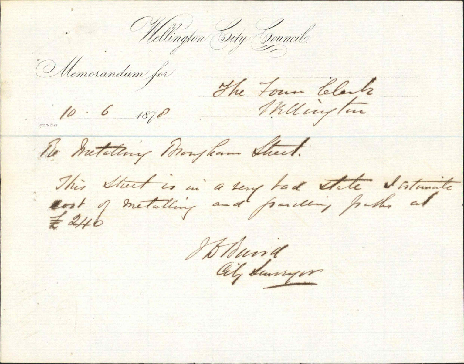 Re memo to Town Clerk re metalling Brougham Street - City Surveyor