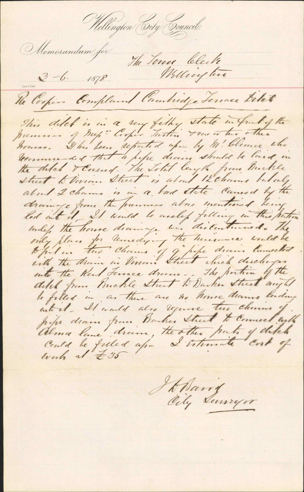 Memo to Town Clerk re Cooper complaint re Cambridge Terrace ditch - City Surveyor
