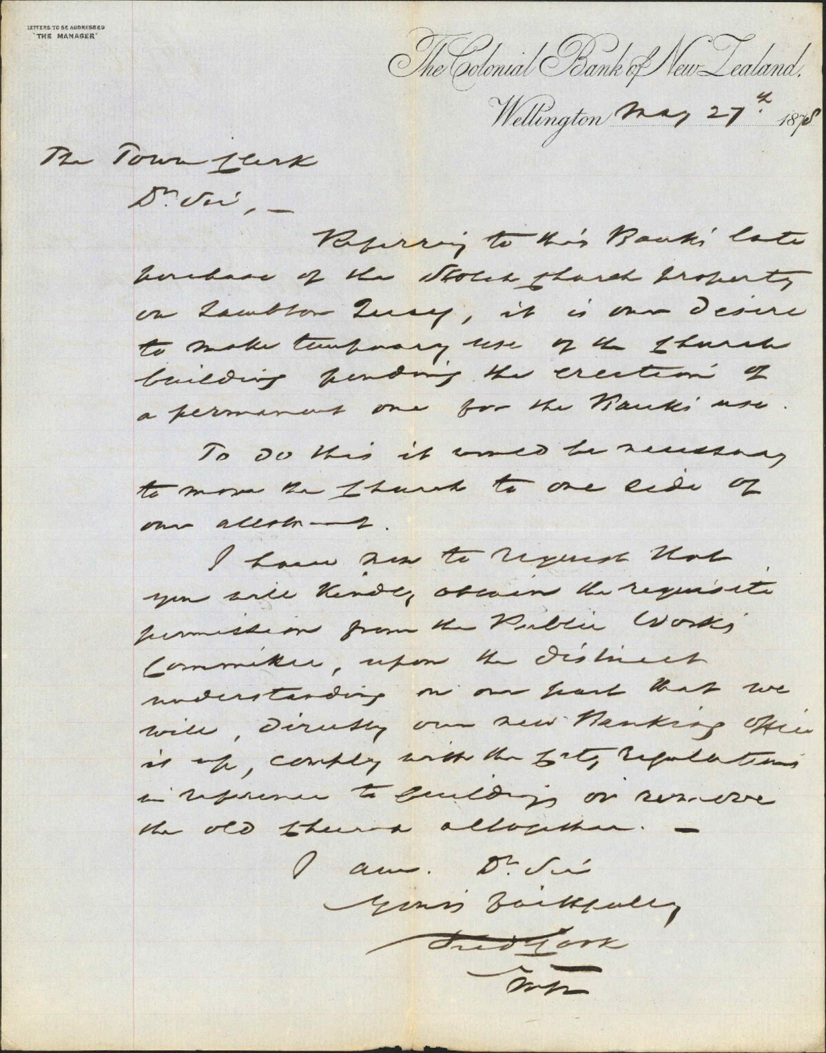 Re removal of Mr Austin's church - Colonial Bank