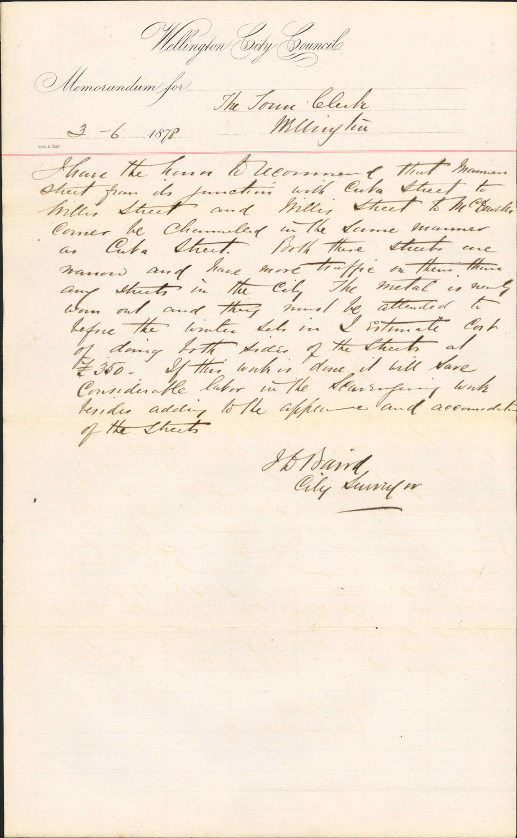 Re memo to Town Clerk re kerbing and channelling Manners and Willis Streets - City Surveyor