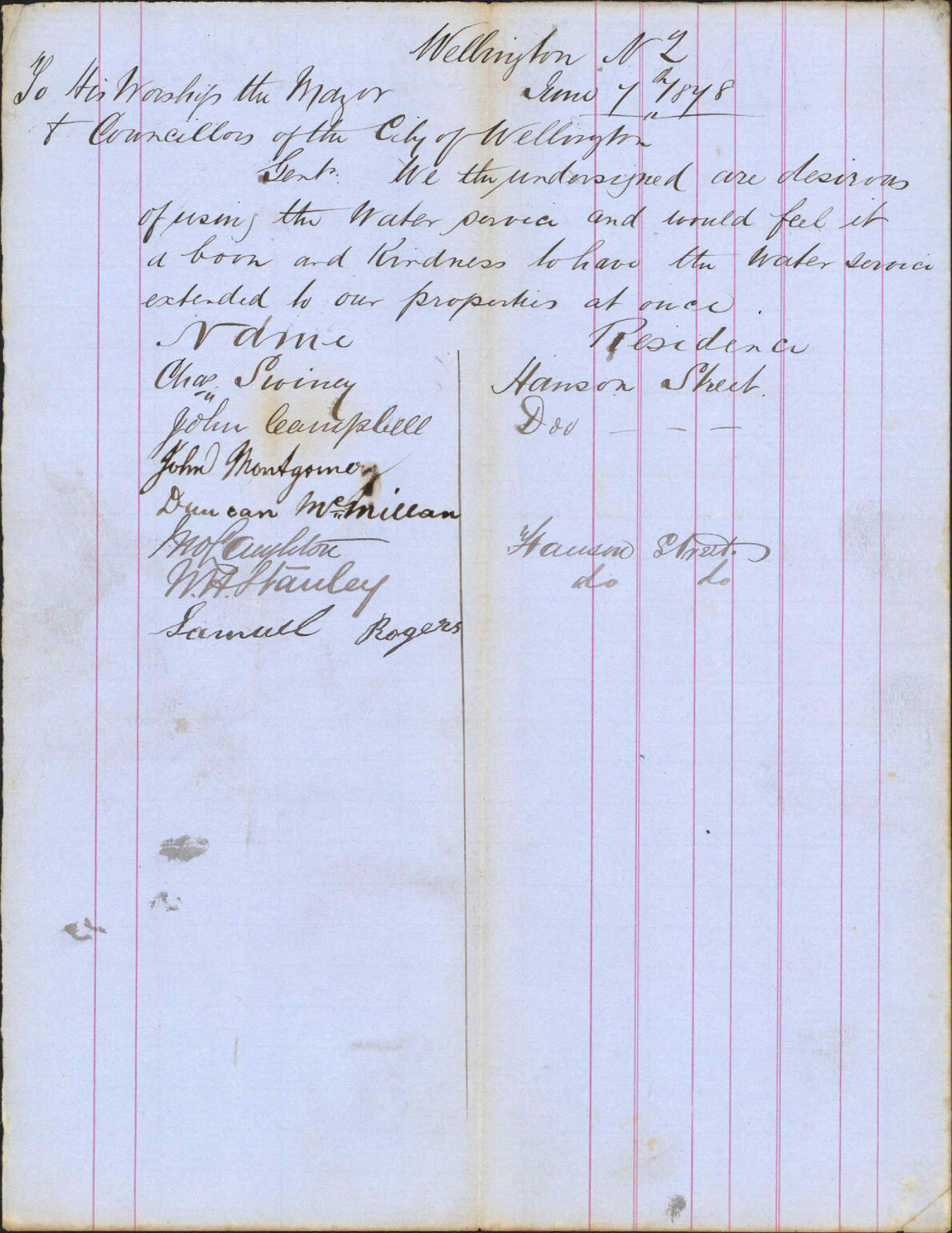 Application for water service - residents of Hanson Street
