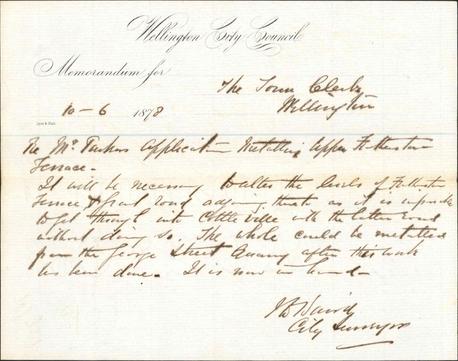 Re memo to Town Clerk re metalling Upper Featherston Street, Mr Parker's application - City Surveyor