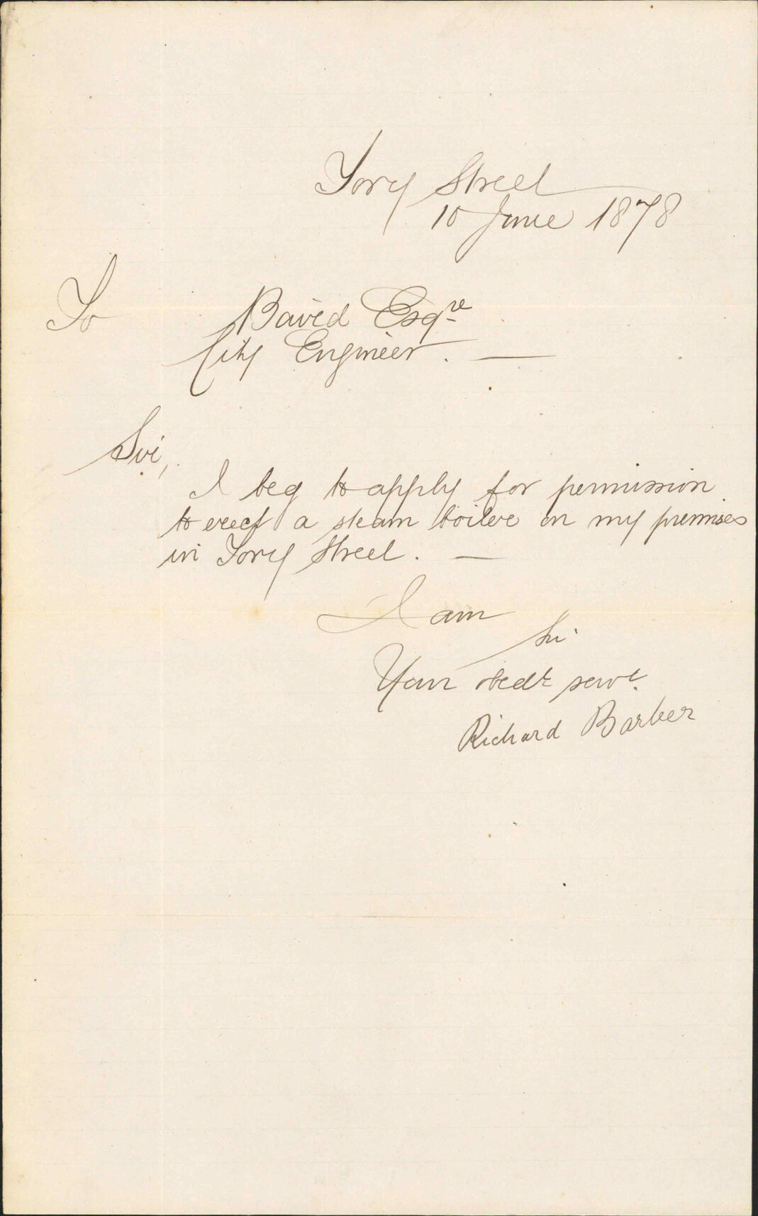 Application to erect steam boiler on premises in Tory Street - Richard Barber