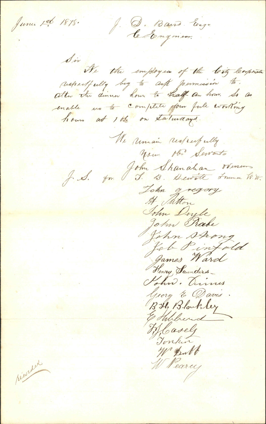 (1) Asking for change in working hours - City Council employees (2) Memo to Town Clerk re hours of labour - City Surveyor