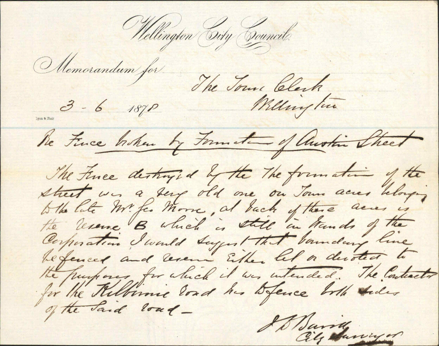 Re memo to Town Clerk re fence broken from formation of Austin Street - City Surveyor