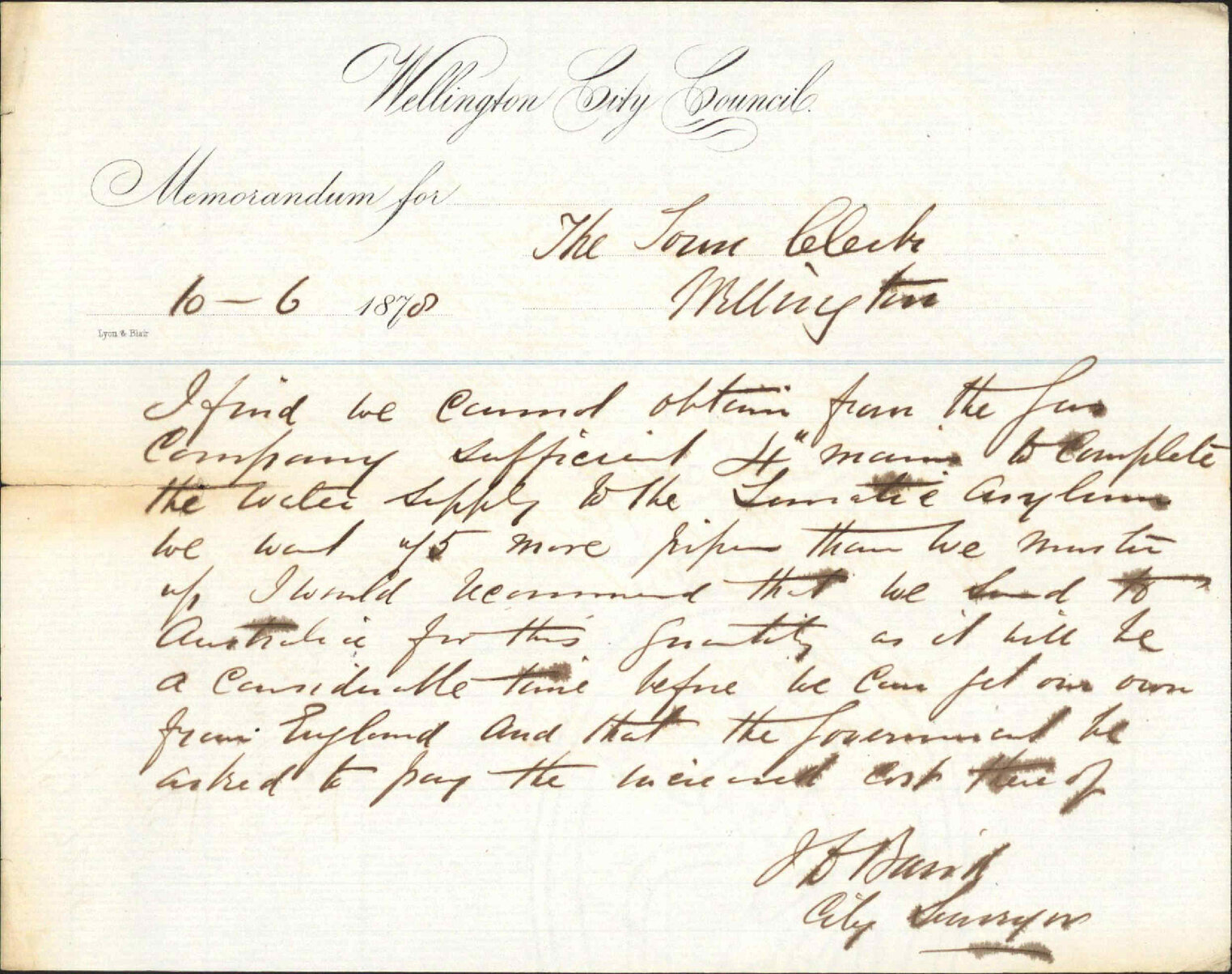 Memo to Town Clerk re water supply to lunatic asylum - City Surveyor