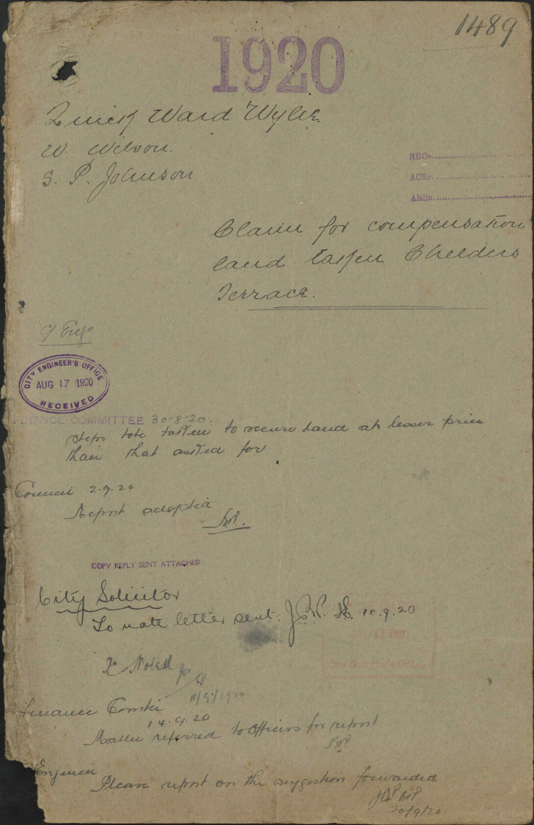 Claim for compensation, land taken, Childers Terrace - Quick, Ward &amp; Wylie; W Wilson; S P Johnson