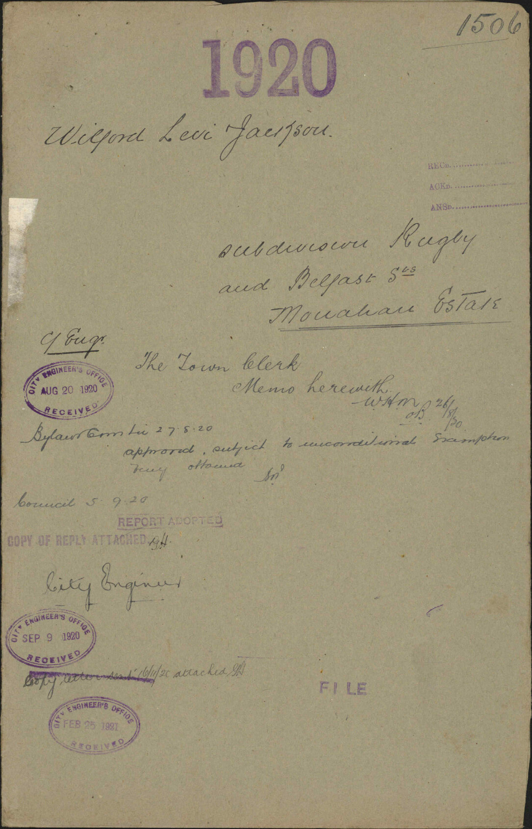 Subdivision, Rugby and Belfast Streets, Monahan Estate - Wilford, Levi &amp; Jackson